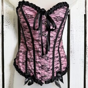 UNAVAILABLE -Pink Black Lace Corset Bustier Size Small Ruffle Bows Coquette